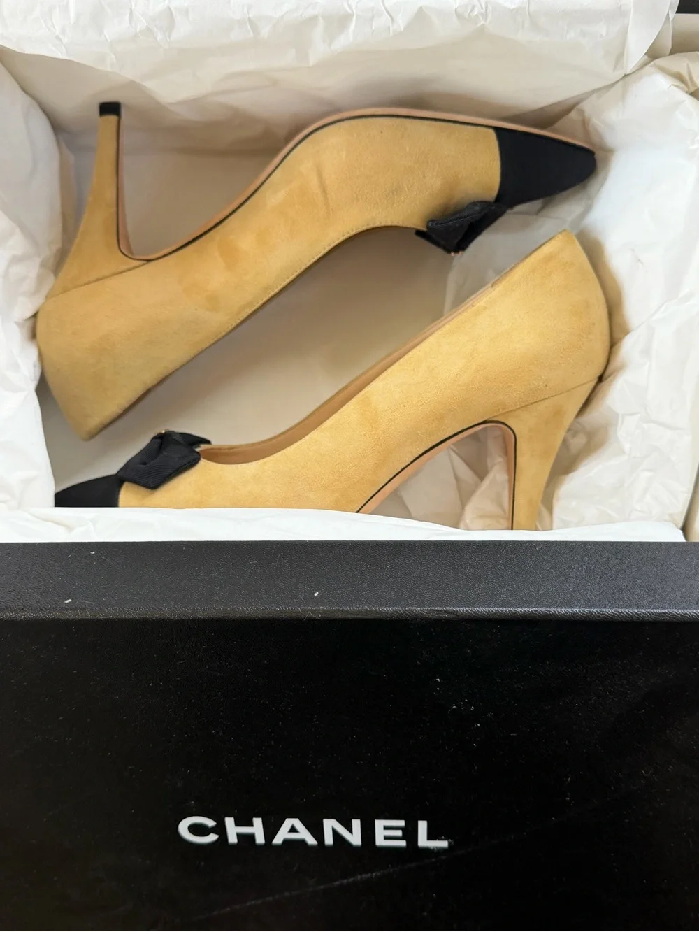 CHANEL Two-Tone Suede & Fabric Bow Pumps in Beige and Black